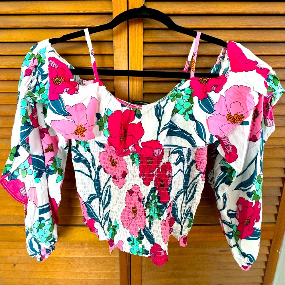 INC Smocked Off Womens Shoulder Floral Cropped Tropical Cottage Y2K Size Small